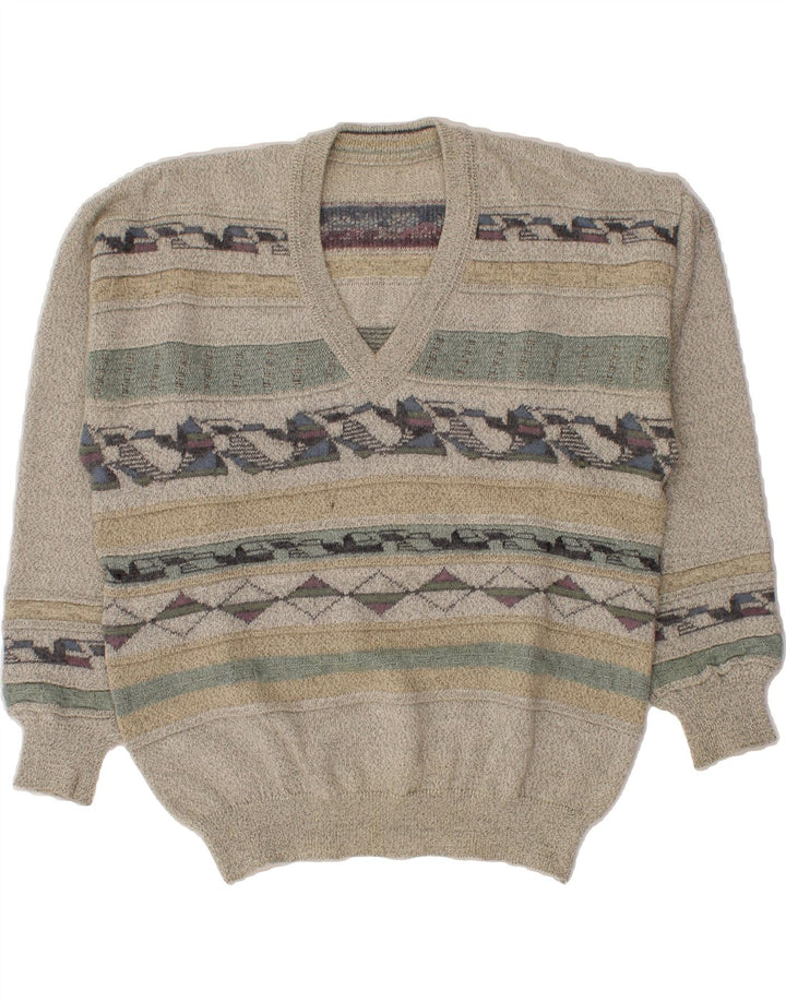 VINTAGE Mens V-Neck Jumper Sweater Medium Grey Geometric Vintage Vintage and Second-Hand Vintage from Messina Hembry 