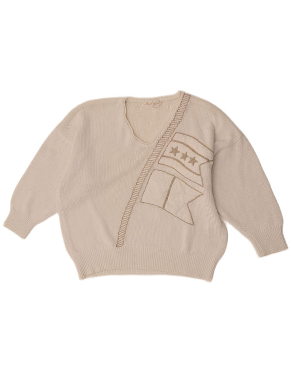 Vintage ženski džemper s V-izrezom UK 14 srednje bijele boje