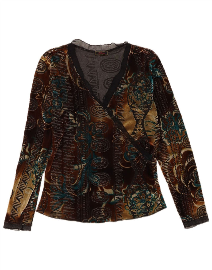 Vintage ženska majica od baršuna dugih rukava UK 6 XS Raznobojni cvjetni