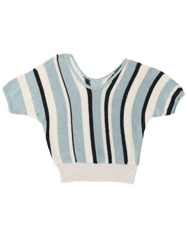 Vintage ženski džemper s V-izrezom UK 12 Retro srednje plave pruge