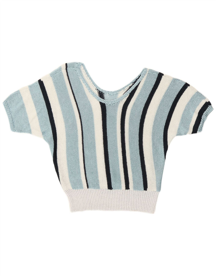 Vintage ženski džemper s V-izrezom UK 12 Retro srednje plave pruge