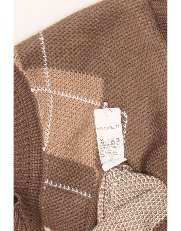Vintage ženski džemper s V-izrezom veliki smeđi Argyle/Diamond poliester