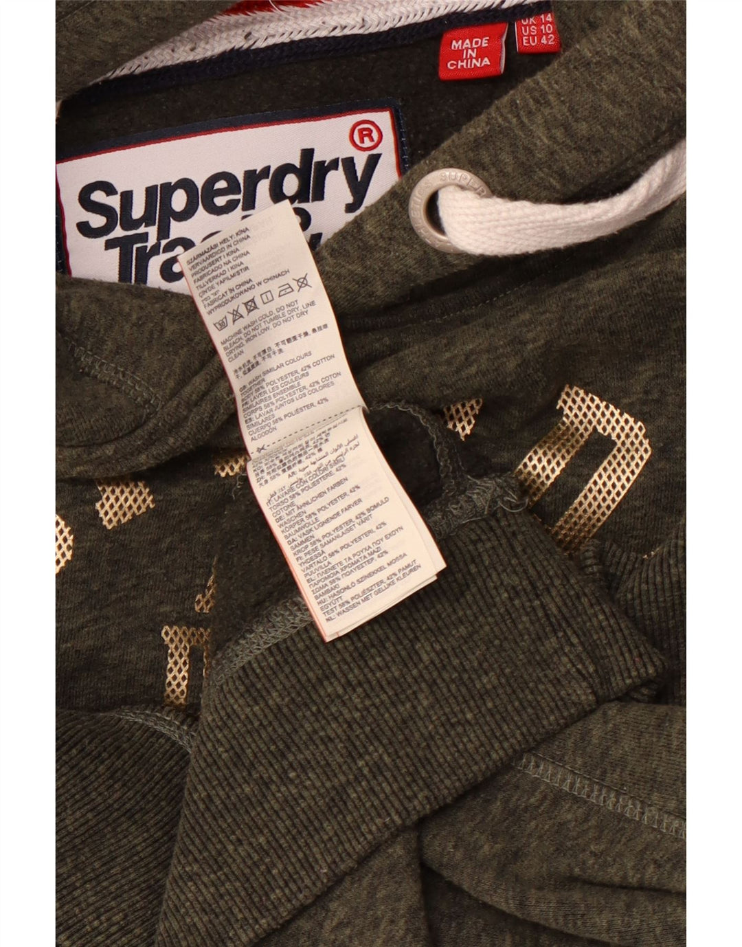 SUPERDRY ženska majica s kapuljačom za atletičare UK 14 Large kaki s mrljama