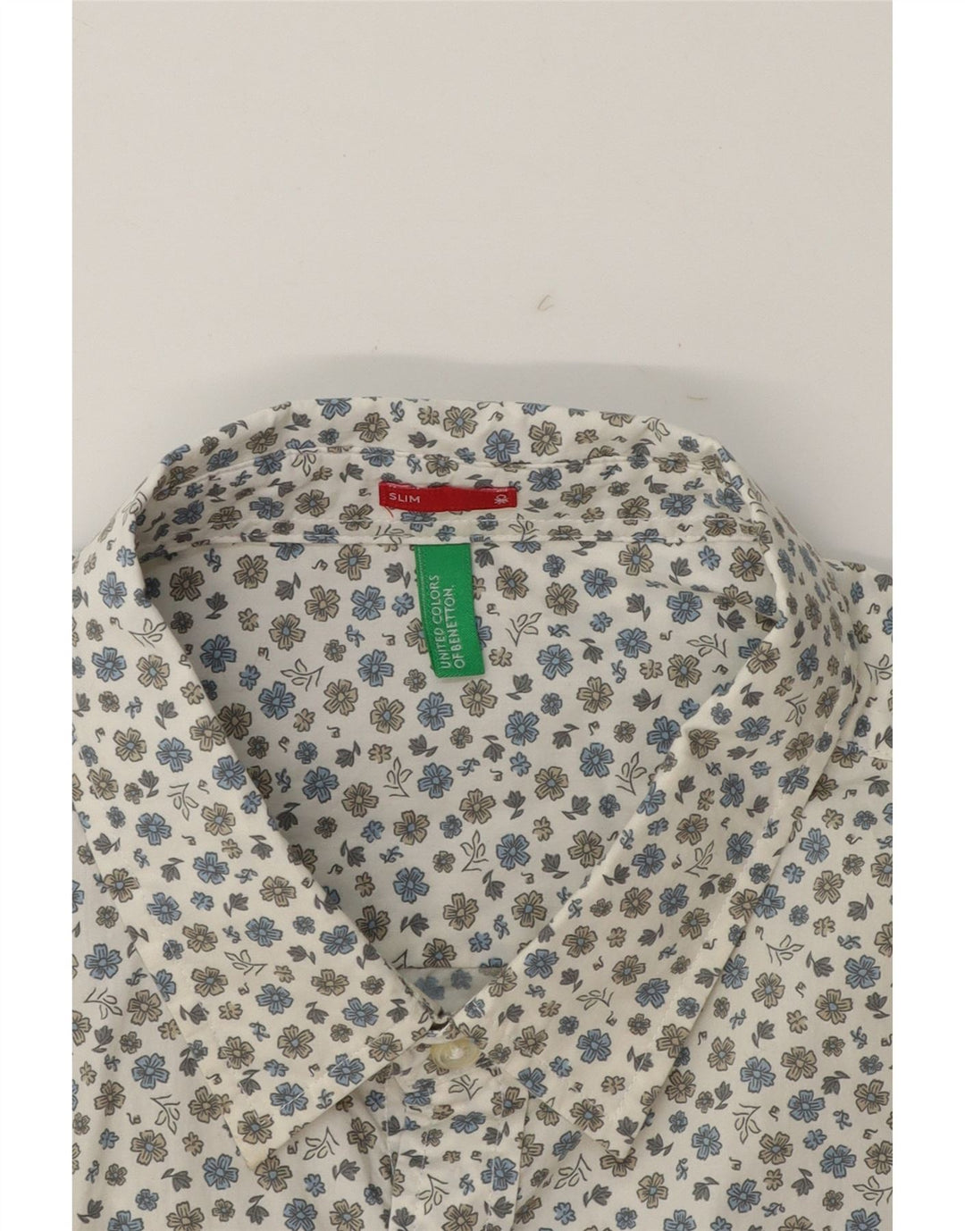 BENETTON Mens Slim Shirt Large White Floral Vintage Benetton and Second-Hand Benetton from Messina Hembry 