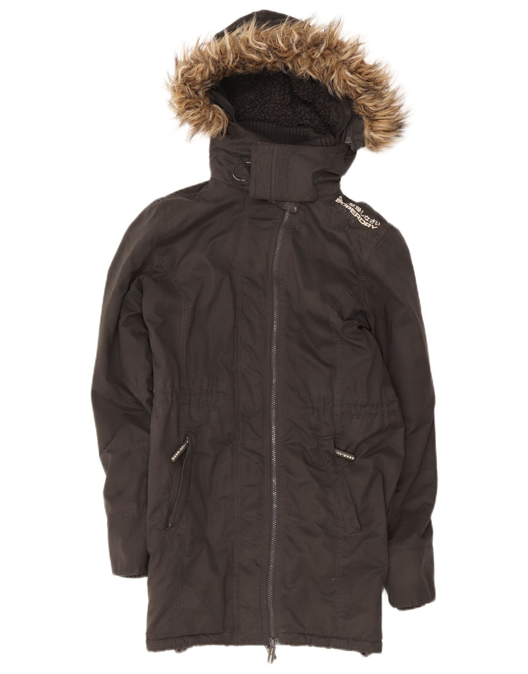 Superdry ženska šerpa parka jakna s kapuljačom UK 12 srednji crni poliester