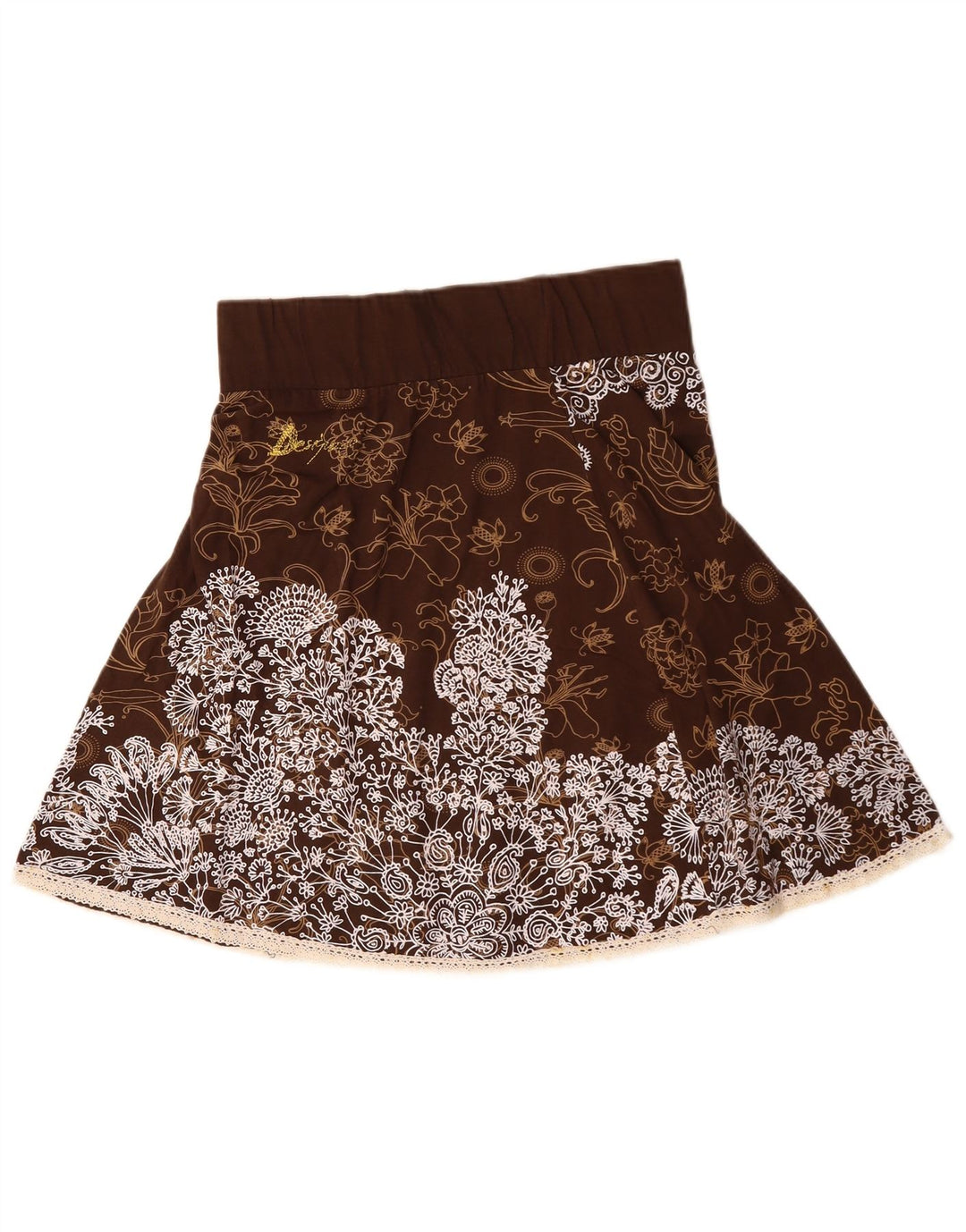 DESIGUAL Ženska suknja A-kroja visokog struka, velika W30, smeđi cvjetni pamuk