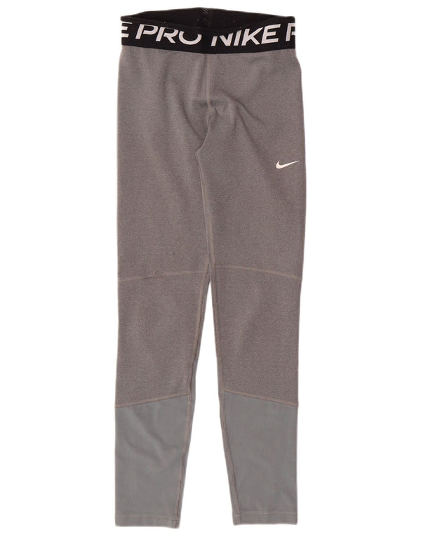 NIKE Girls Dri Fit Graphic Leggings 12-13 Years Large Grey Colourblock