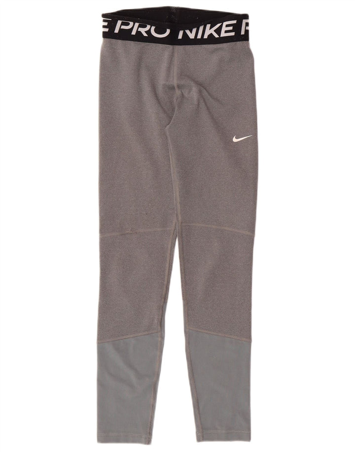 NIKE Girls Dri Fit Graphic Leggings 12-13 Years Large Grey Colourblock