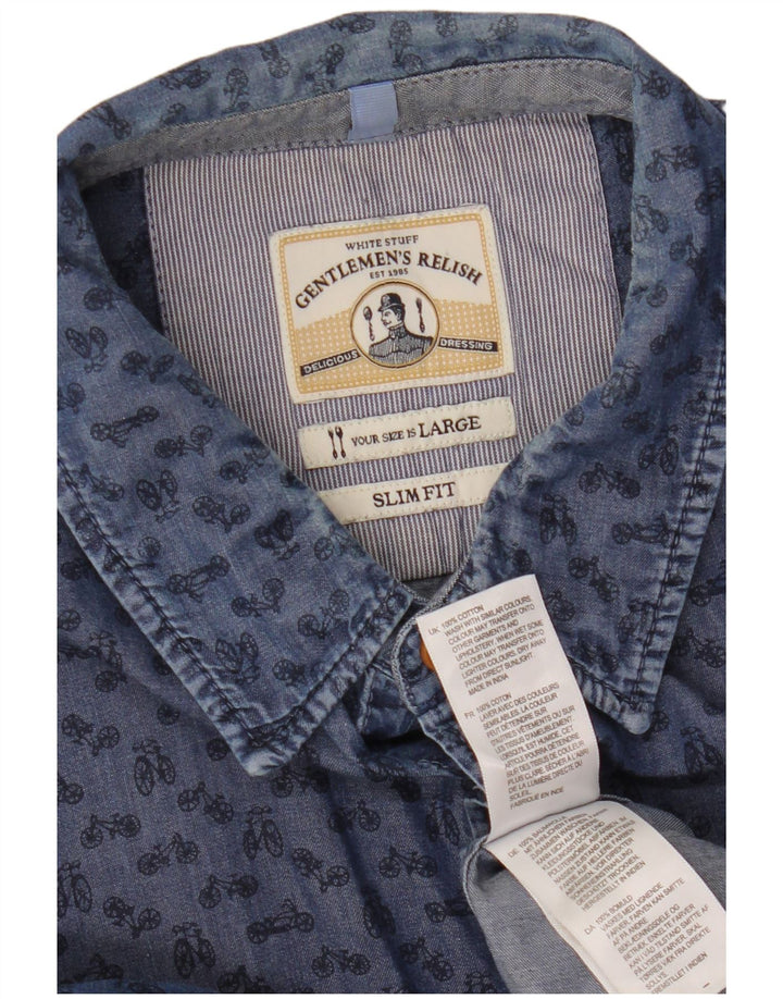 Bijela muška uska košulja s apstraktnim uzorkom, veliki plavi pamuk