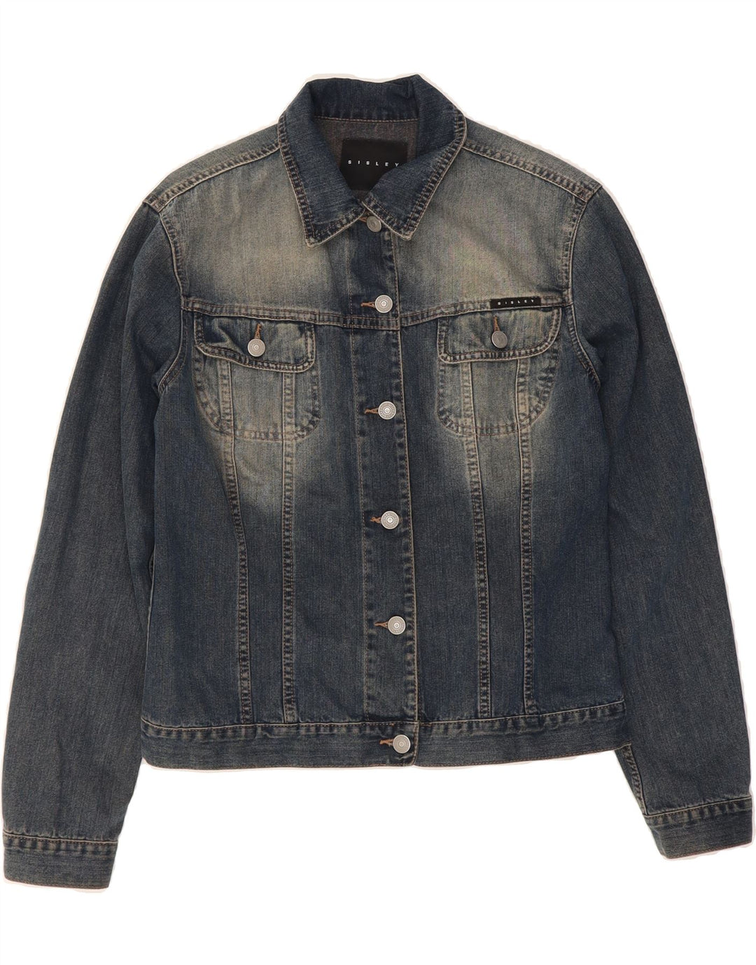 SISLEY Womens Denim Jacket UK 14 Medium Navy Blue Cotton Classic Vintage Sisley and Second-Hand Sisley from Messina Hembry 