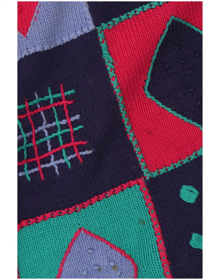 VINTAGE ženski džemper s okruglim izrezom UK 14 Srednje tamnoplavi patchwork