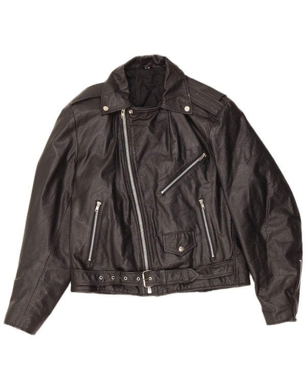 VINTAGE Womens Oversized Leather Biker Jacket UK 10 Small Black Leather
