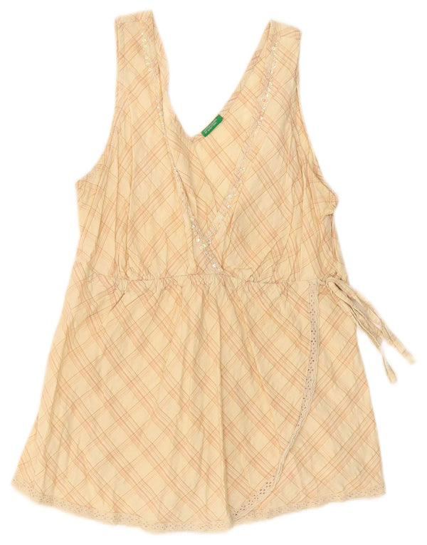 Benetton ženski gornji dio bluze bez rukava UK 14 Veliki bež karirani pamuk