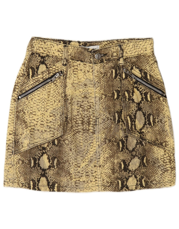 Topshop ženska grafička mini suknja UK 8, mala W26, pamuk, žuti životinjski print