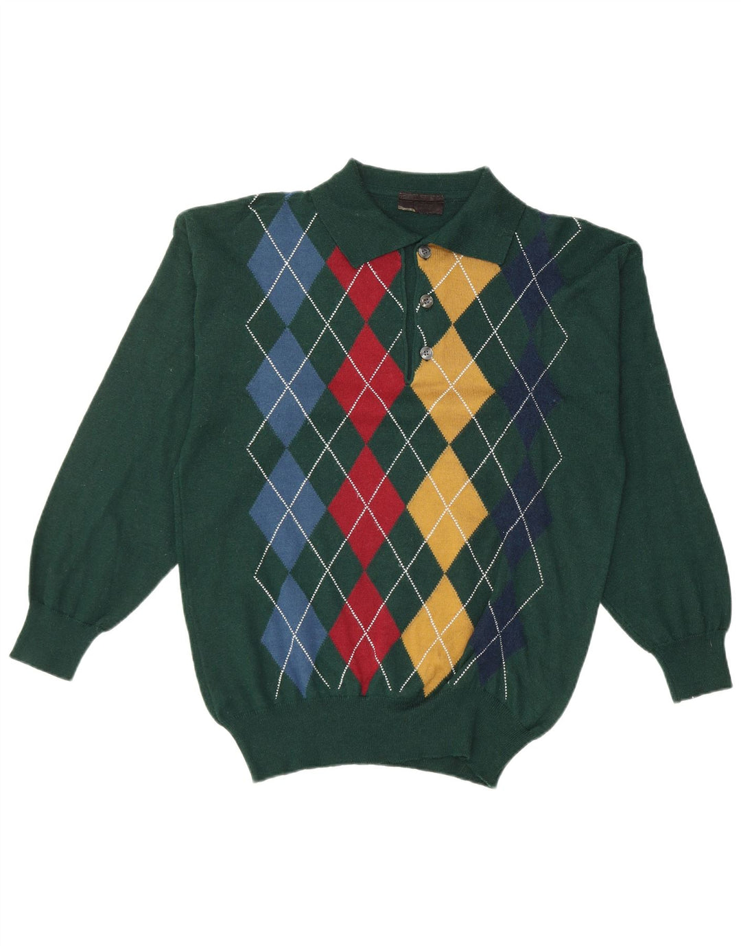 VINTAGE muški džemper s polo ovratnikom Mali zeleni Argyle/Dijamantna vuna