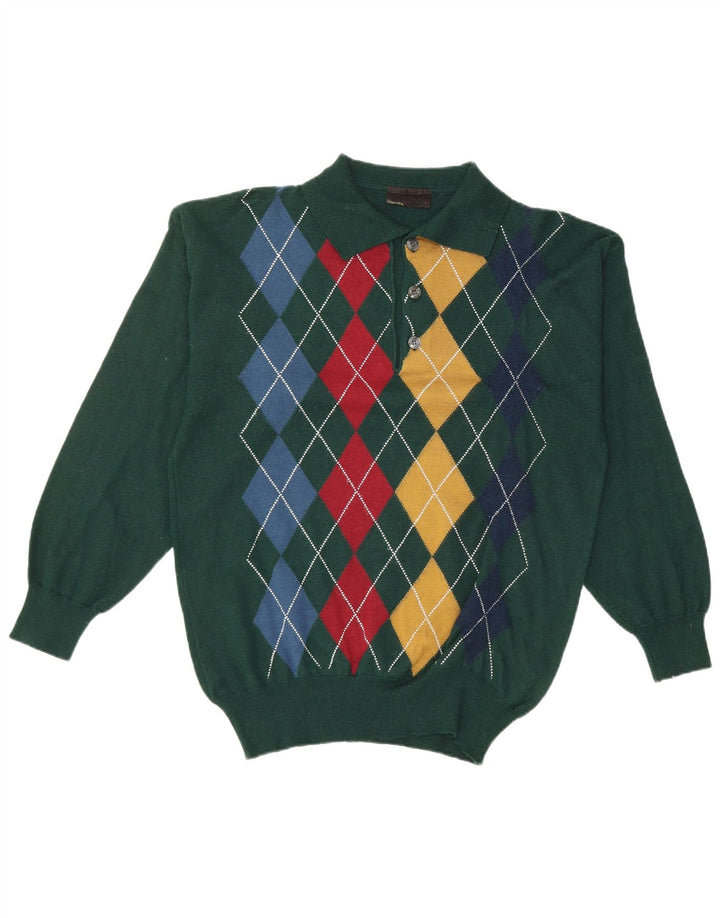 VINTAGE muški džemper s polo ovratnikom Mali zeleni Argyle/Dijamantna vuna