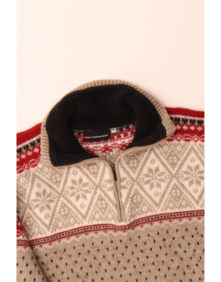 CAMPAGNOLO muški džemper s izrezom s patentnim zatvaračem XL bež Fair Isle vunene boje