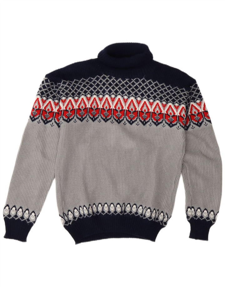Vintage muški džemper s rol izrezom Srednje plavi Fair Isle akril