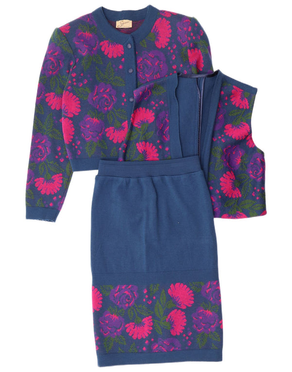 VINTAGE ženski 3-dijelni set IT 46 Large W26 Mornarsko plava cvjetna djevičanska vuna