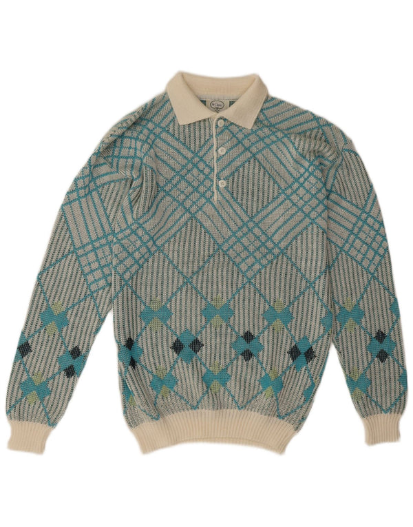 Vintage muški džemper s polo ovratnikom srednje plave geometrije