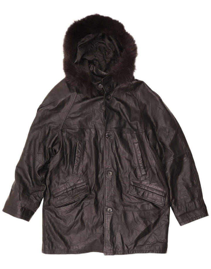 Vintage ženski kožni kaput slobodnog kroja s kapuljačom UK 18 XL crna koža