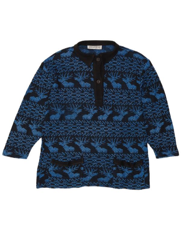 Vintage ženski džemper s polo ovratnikom UK 14 Veliki tamnoplavi Fair Isle