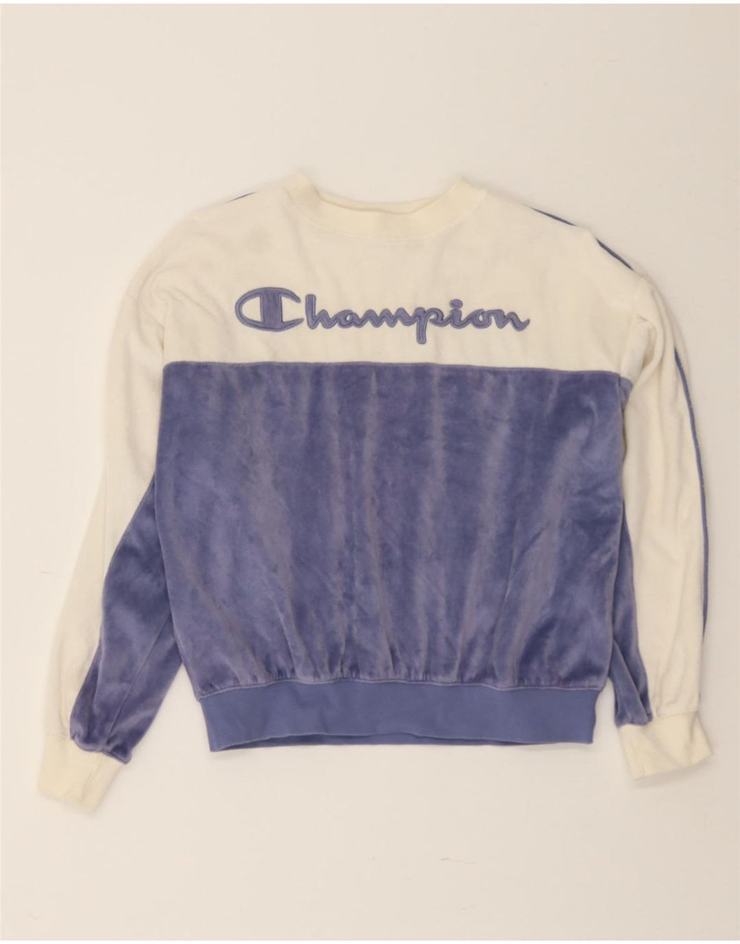 CHAMPION Womens Graphic Sweatshirt Jumper UK 14 Medium Blue Colourblock Vintage Champion and Second-Hand Champion from Messina Hembry 