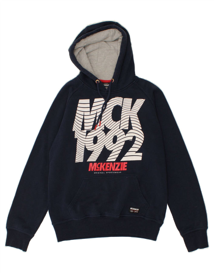 MCKENZIE Mens Graphic Hoodie Jumper Medium Navy Blue Vintage Mckenzie and Second-Hand Mckenzie from Messina Hembry 