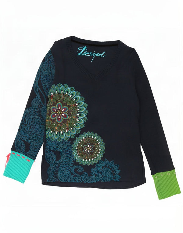 Desigual Womens Graphic Top Long Sleeve UK 18 XL Navy Blue Floral Cotton