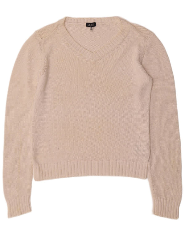 ARMANI JEANS Ženski džemper s V-izrezom UK 16 Veliki bijeli pamuk