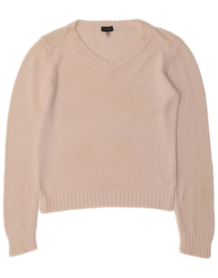 ARMANI JEANS Ženski džemper s V-izrezom UK 16 Veliki bijeli pamuk