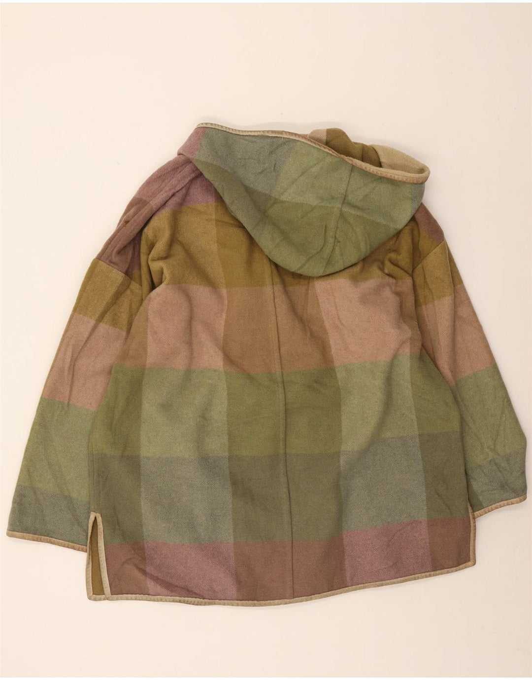 Vintage ženski preveliki duffle kaput s kapuljačom IT 42 Srednje kaki karirana vuna