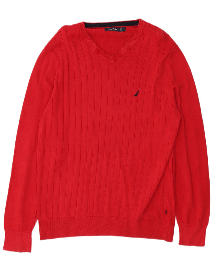 NAUTICA Mens V-Neck Jumper Sweater Large Red Cotton