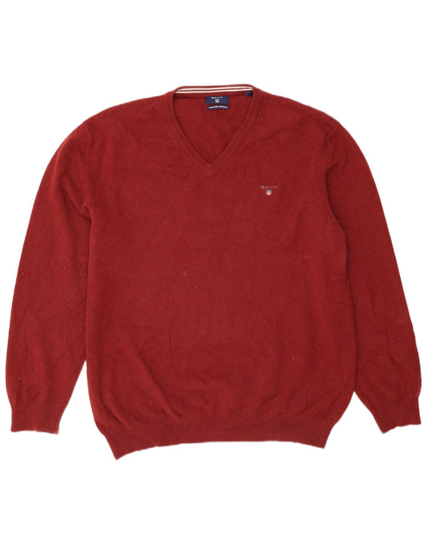 Gant muški džemper s V-izrezom 3XL bordo merino vuna