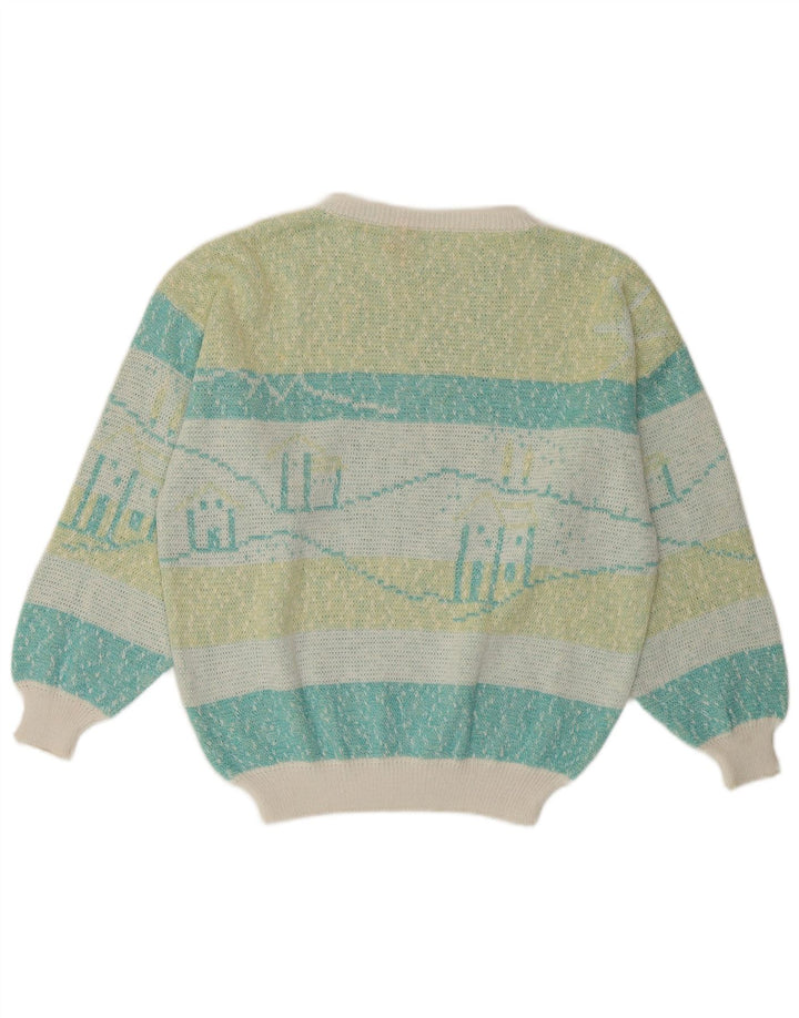 VINTAGE ženski džemper s veznim izrezom UK 16 Velike raznobojne pruge