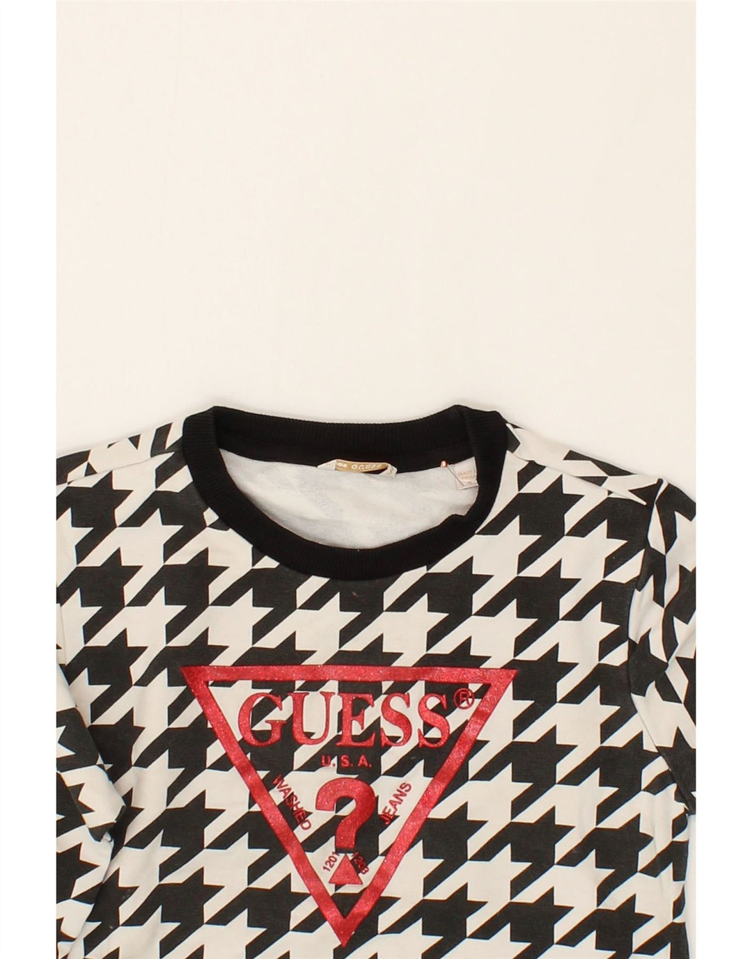GUESS Boys Graphic Sweatshirt Jumper 7-8 Years Black Houndstooth Cotton Vintage Guess and Second-Hand Guess from Messina Hembry 