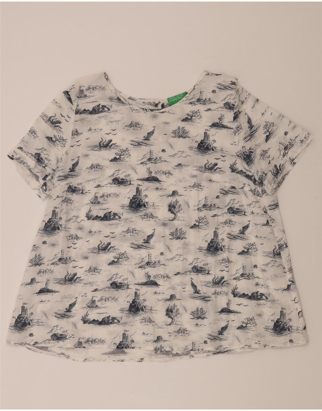 BENETTON Womens Abstract Pattern Blouse Top UK 16 Large White Vintage Benetton and Second-Hand Benetton from Messina Hembry 