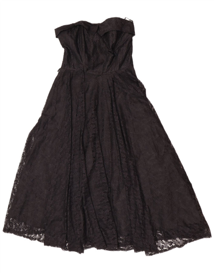 Vintage ženska haljina bez naramenica UK 14 Veliki crni cvjetni poliamid