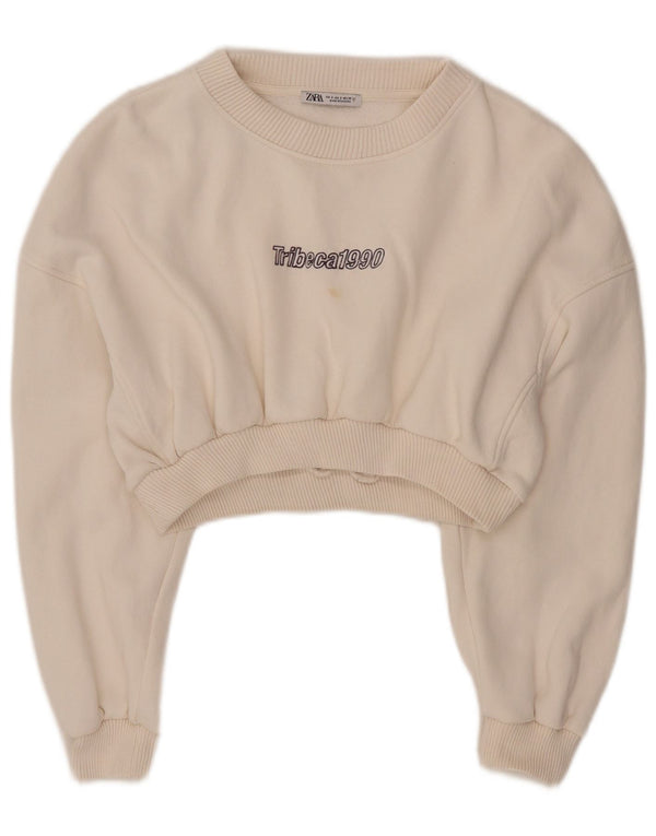 Zara Womens Crop Graphic Sweatshirt Jumper UK 10 Small Off White Cotton