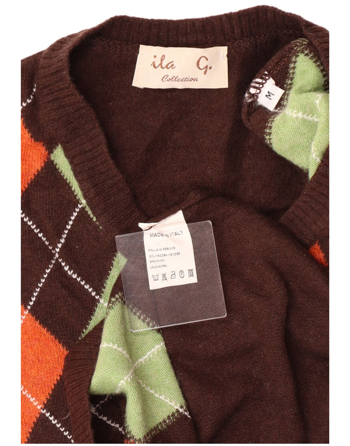 VINTAGE ženski džemper s V-izrezom UK 12 Srednje smeđi Argyle/Diamond