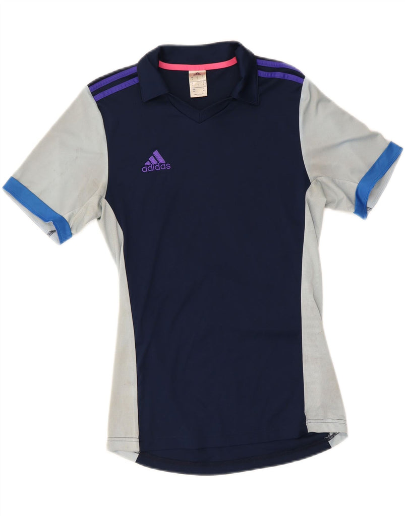 ADIDAS Womens Climalite Polo Shirt UK 10 Small Navy Blue Colourblock Vintage Adidas and Second-Hand Adidas from Messina Hembry 