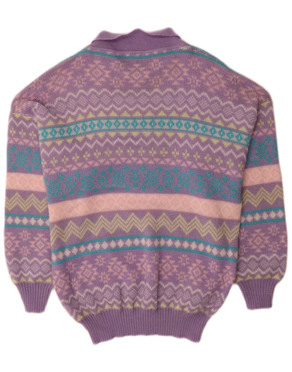 LUPO Mens Polo Neck Jumper Sweater Medium Purple Fair Isle Polyacrylic
