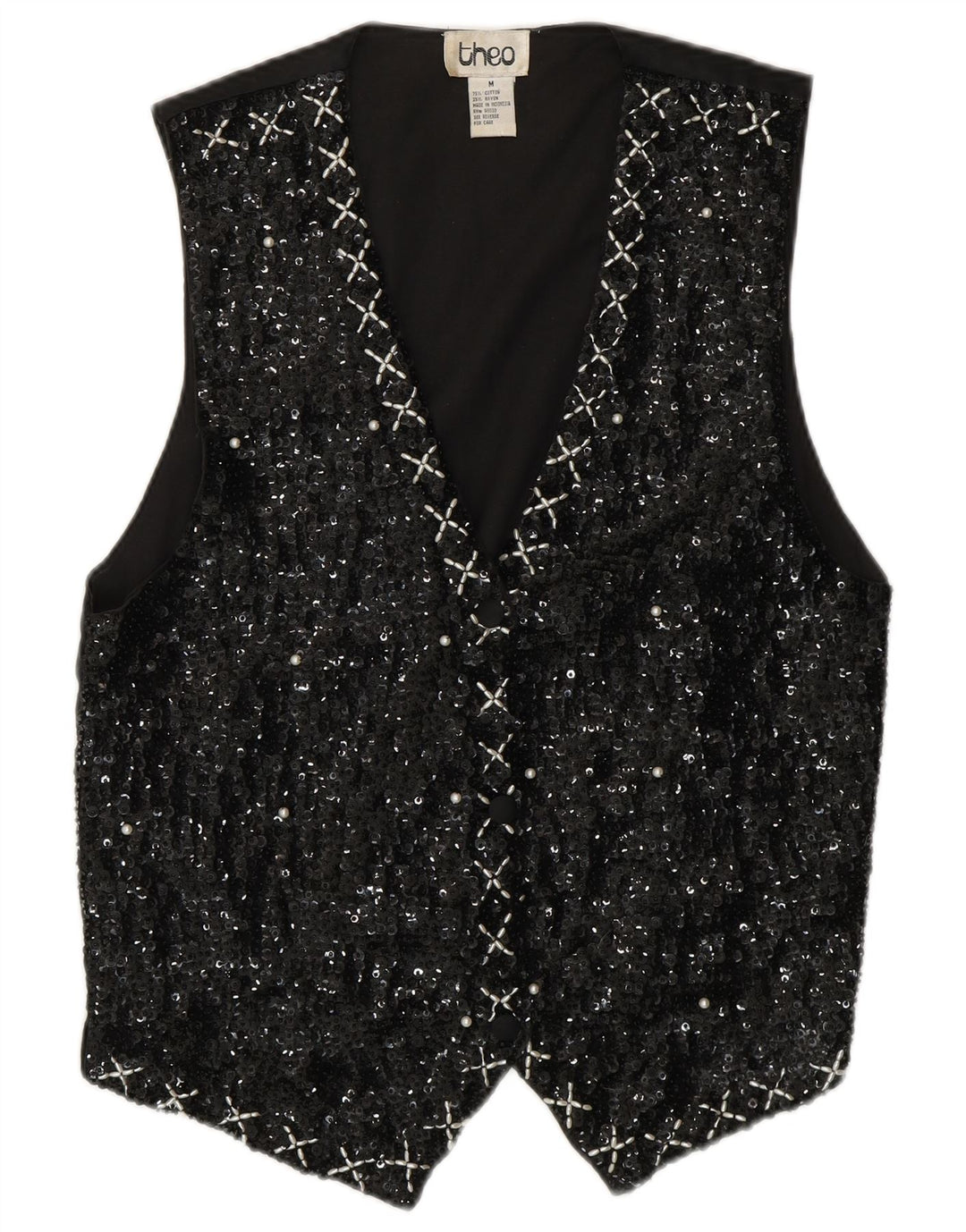 VINTAGE ženski prsluk sa šljokicama UK 14 Srednje crni pamuk 80-ih