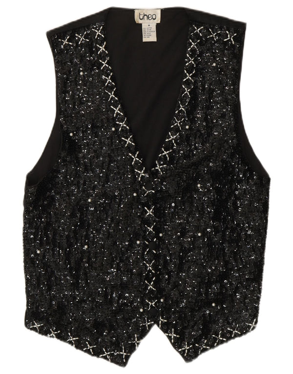 VINTAGE ženski prsluk sa šljokicama UK 14 Srednje crni pamuk 80-ih