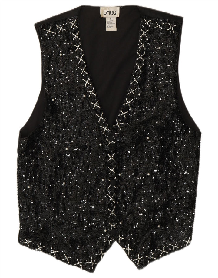 VINTAGE ženski prsluk sa šljokicama UK 14 Srednje crni pamuk 80-ih