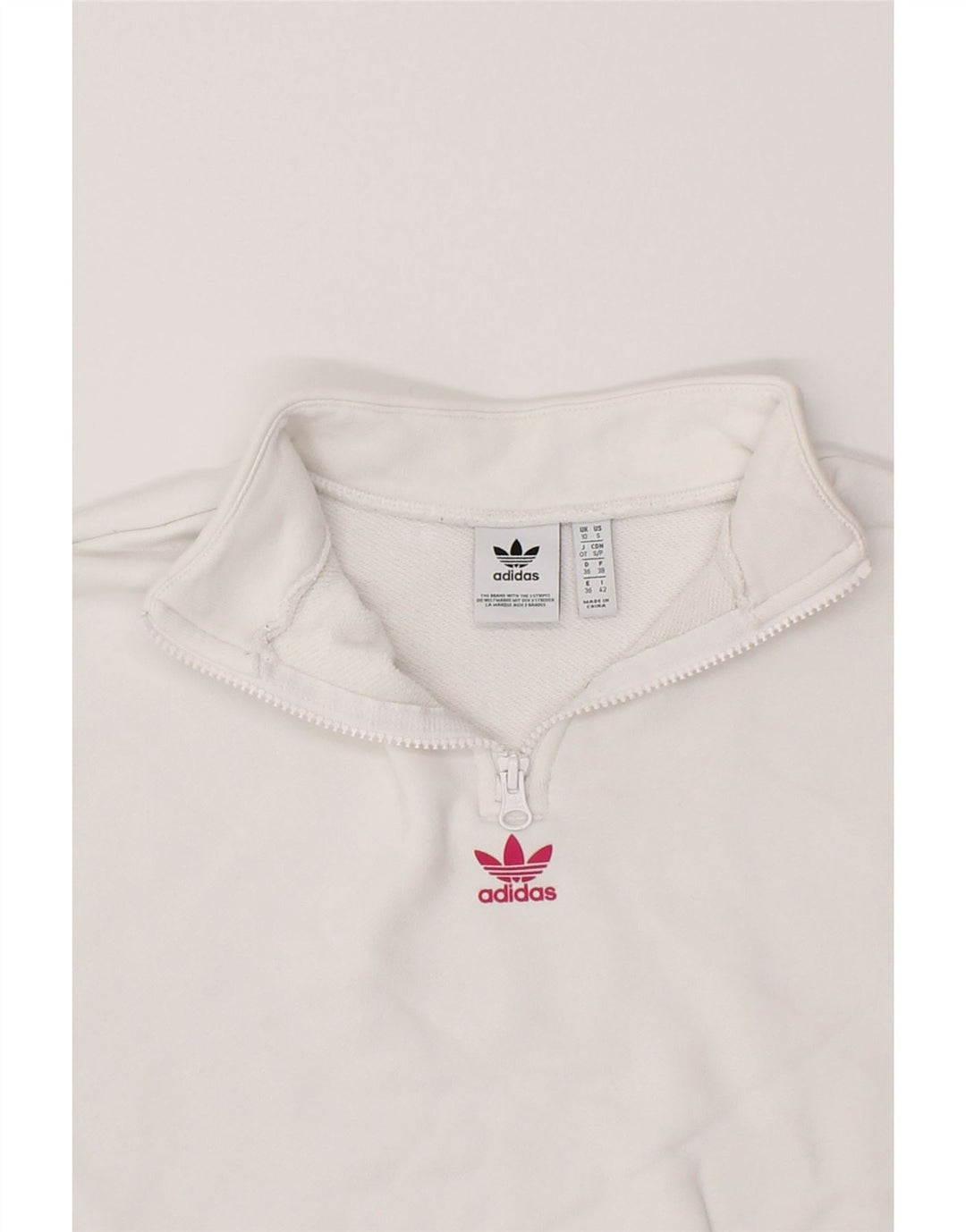 ADIDAS Womens Oversized Crop Graphic Sweatshirt Jumper UK 10 Small White Vintage Adidas and Second-Hand Adidas from Messina Hembry 