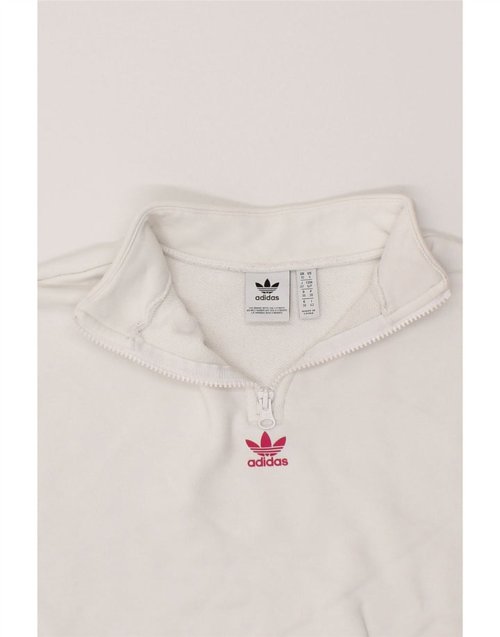 ADIDAS Womens Oversized Crop Graphic Sweatshirt Jumper UK 10 Small White Vintage Adidas and Second-Hand Adidas from Messina Hembry 