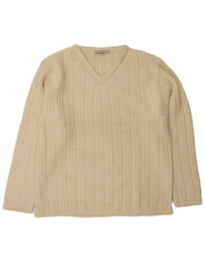 VINTAGE muški džemper s V-izrezom, veliki, bijele vune