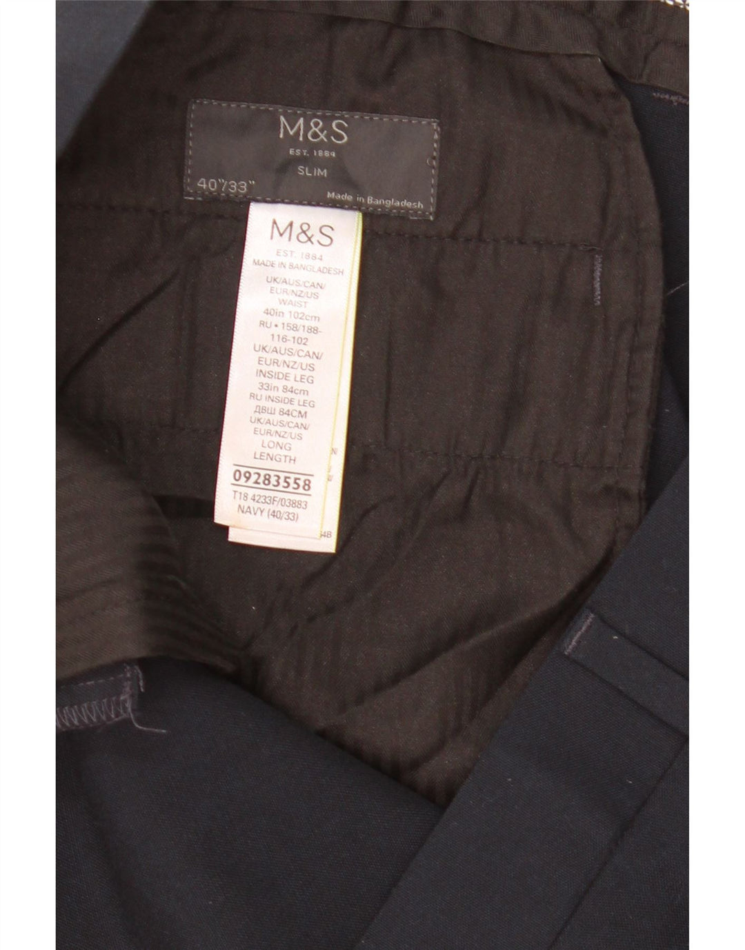Marks & Spencer muške uske chino hlače W40 L33 tamnoplavi poliester