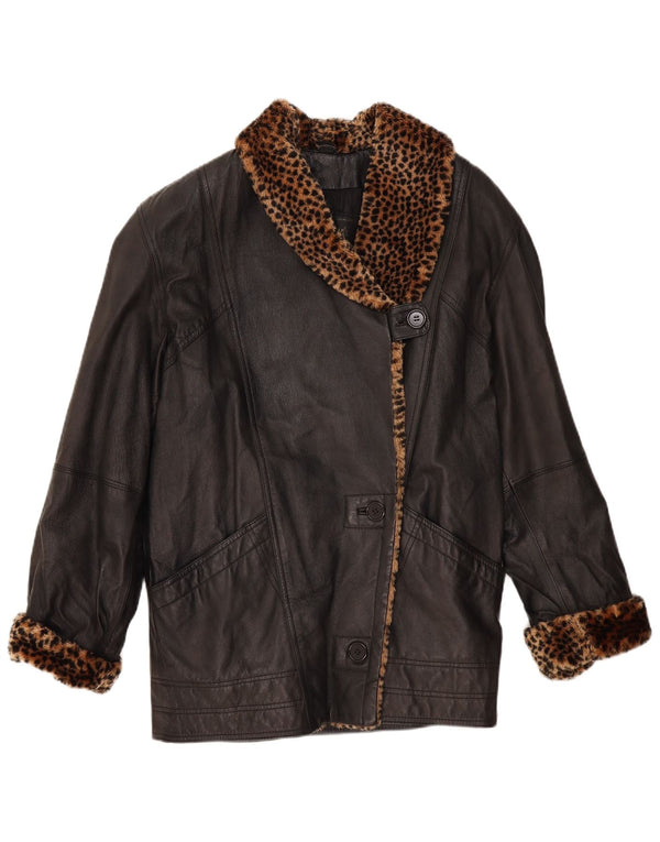 VINTAGE ženski preveliki kožni kaput UK 10 Mali crni životinjski print